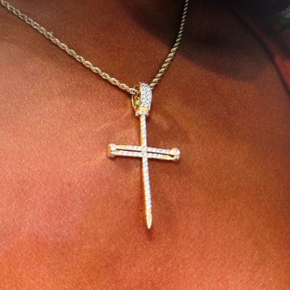 GLD Nail Cross Crucifix 18k Yellow Gold Plated with CZ stones NEVER USED - Picture 2 of 5